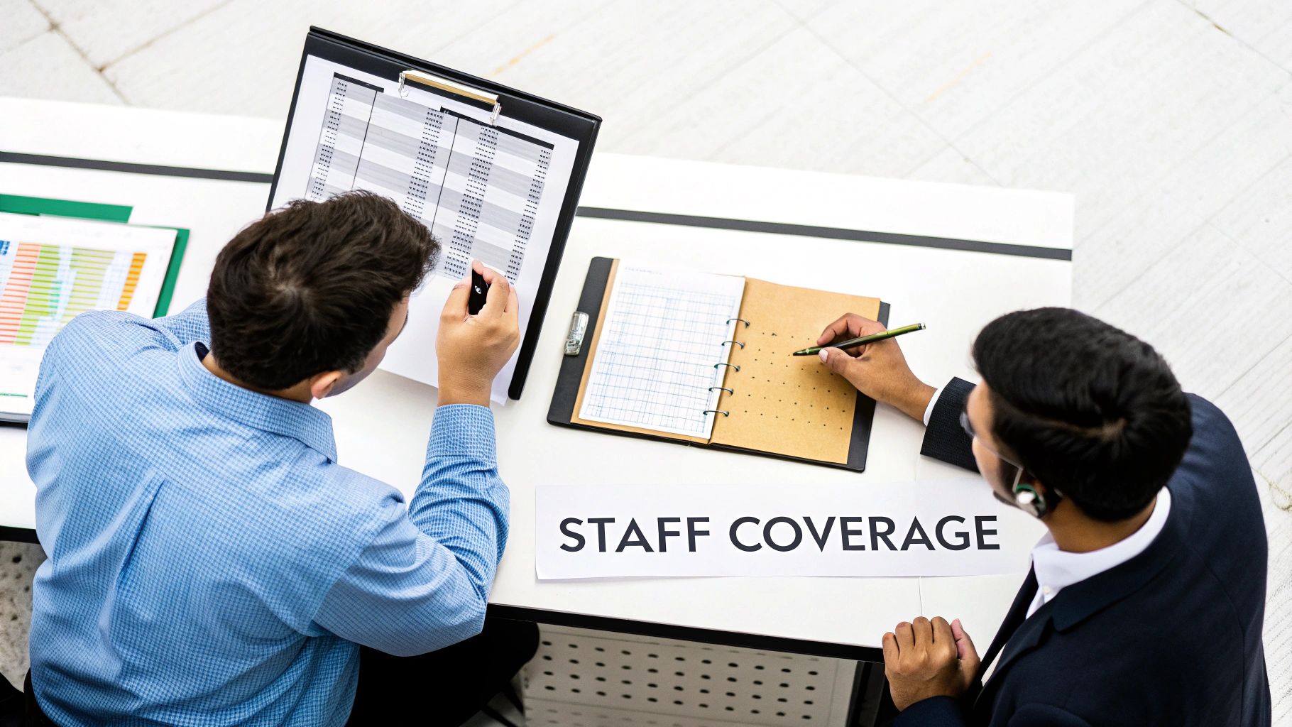 Two men from an overhead view, discussing staff coverage and reviewing documents at a table.