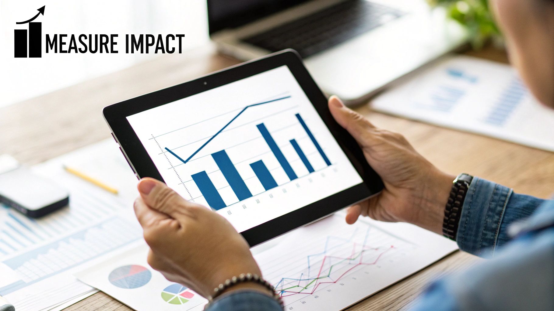 A person holds a tablet displaying business performance charts, with other reports on a desk.
