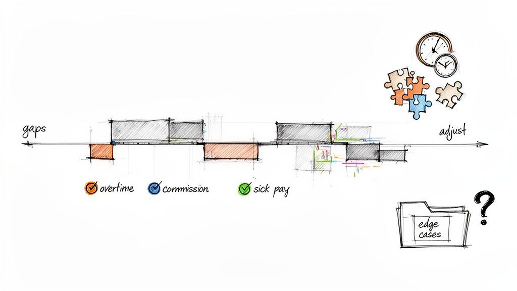 Illustration of a timeline showing pay gaps, adjustments for overtime, commission, sick pay, and edge cases.
