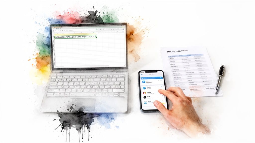 Digital and paper work tools including a laptop, smartphone, document, and pen on a white desk.