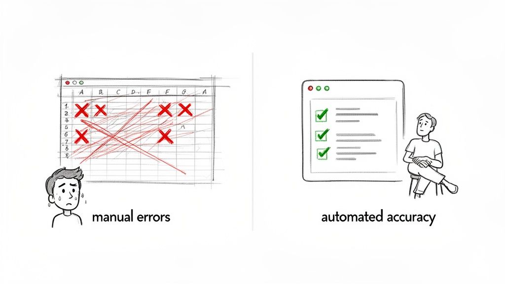 Illustration comparing stressful manual errors in a spreadsheet to calm, accurate automated digital processes.