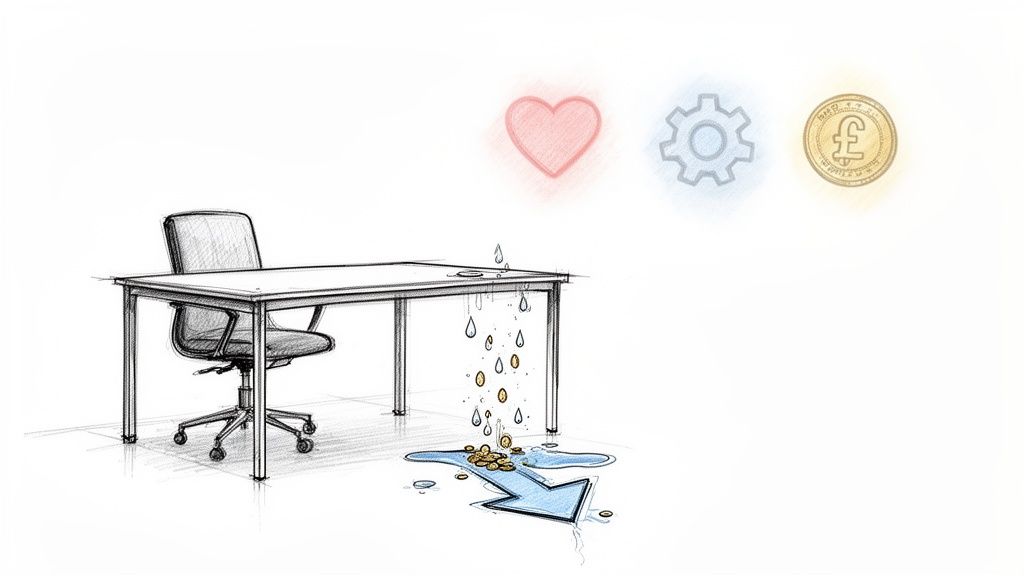 A leaking desk with coins falling into an arrow-shaped puddle, symbolizing losses from work.