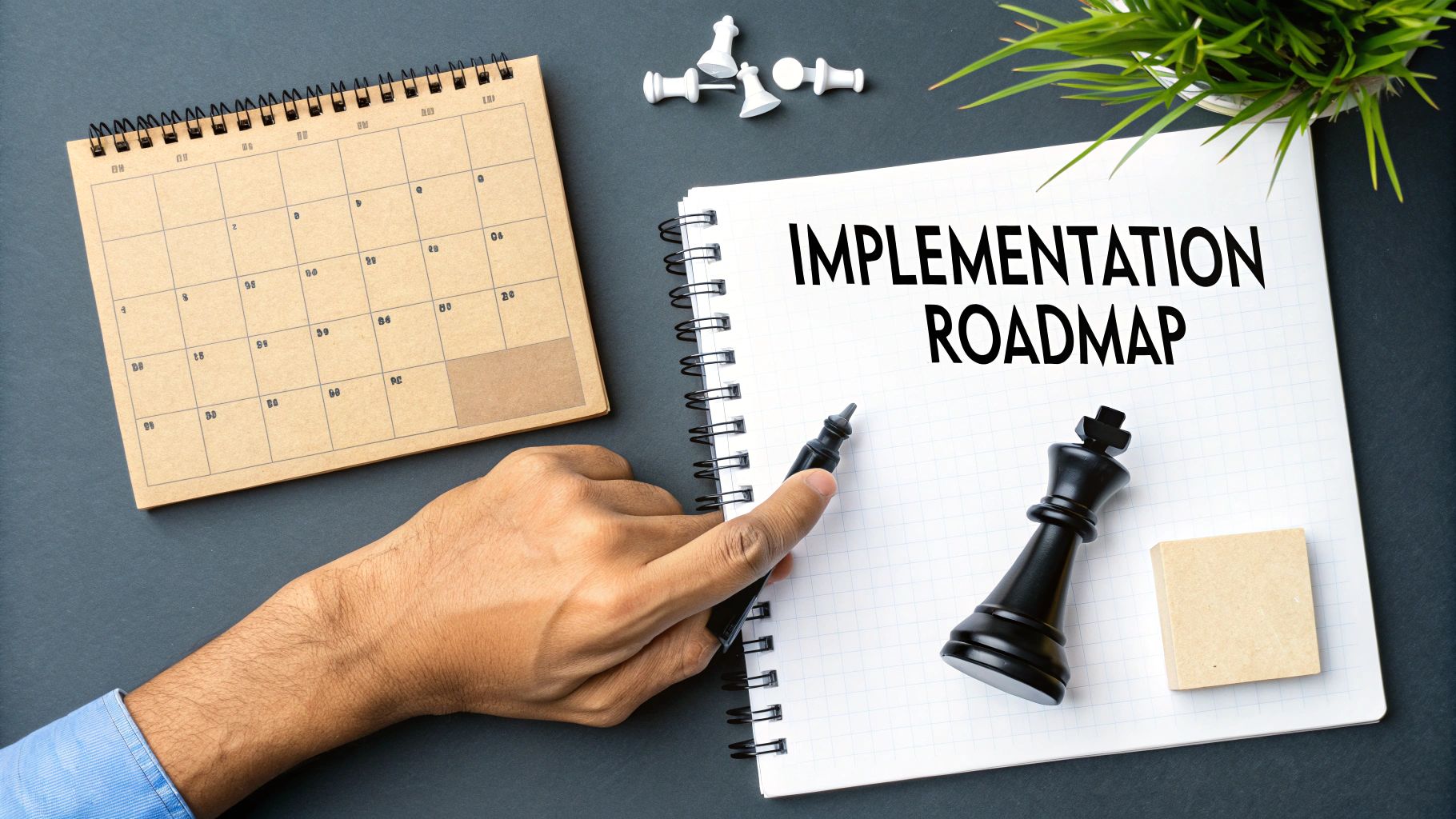 A hand points to a notebook with 'Implementation Roadmap' text, alongside a calendar and chess pieces.