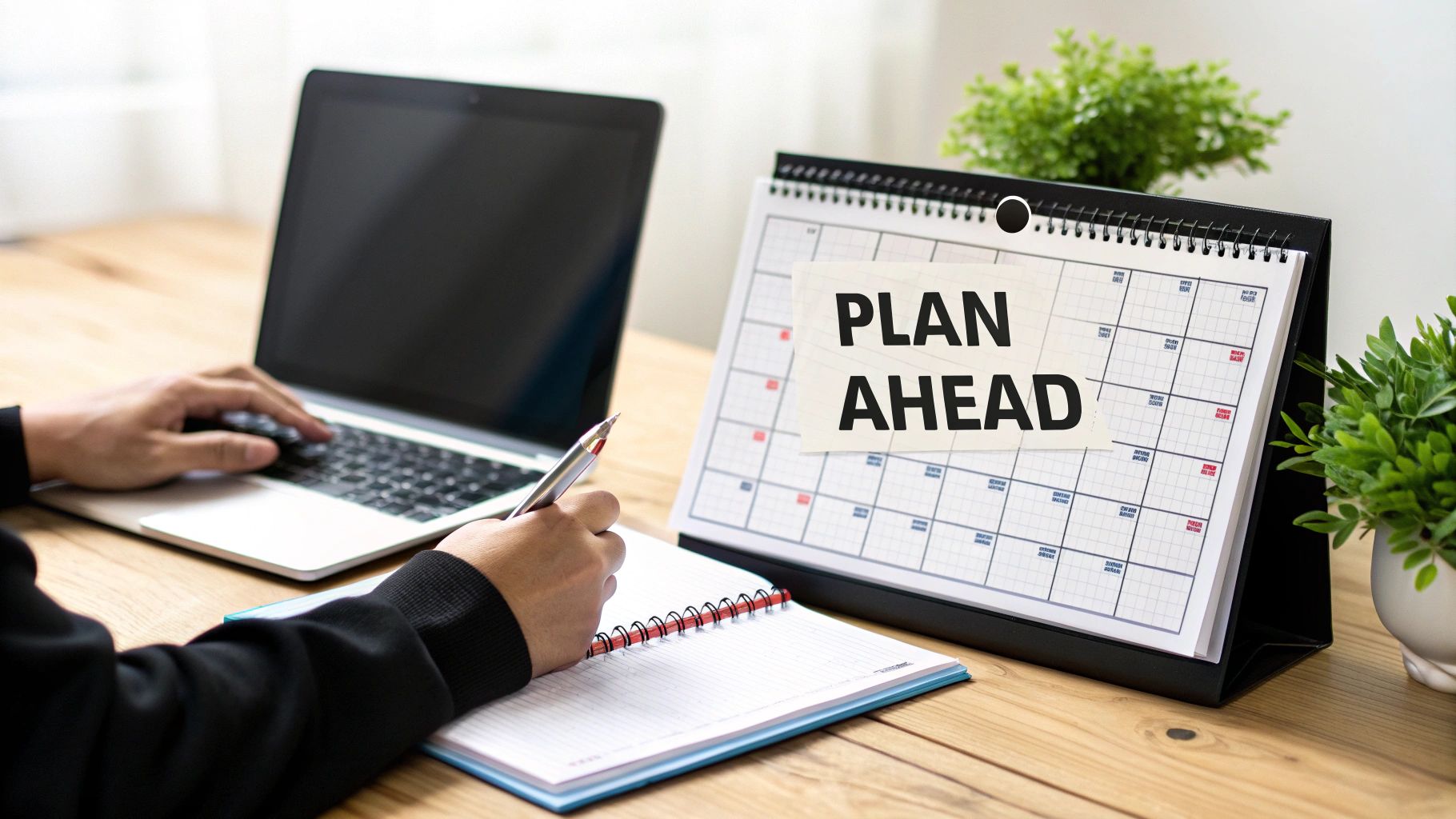A person planning at a desk with a laptop, notebook, and a 'PLAN AHEAD' calendar.
