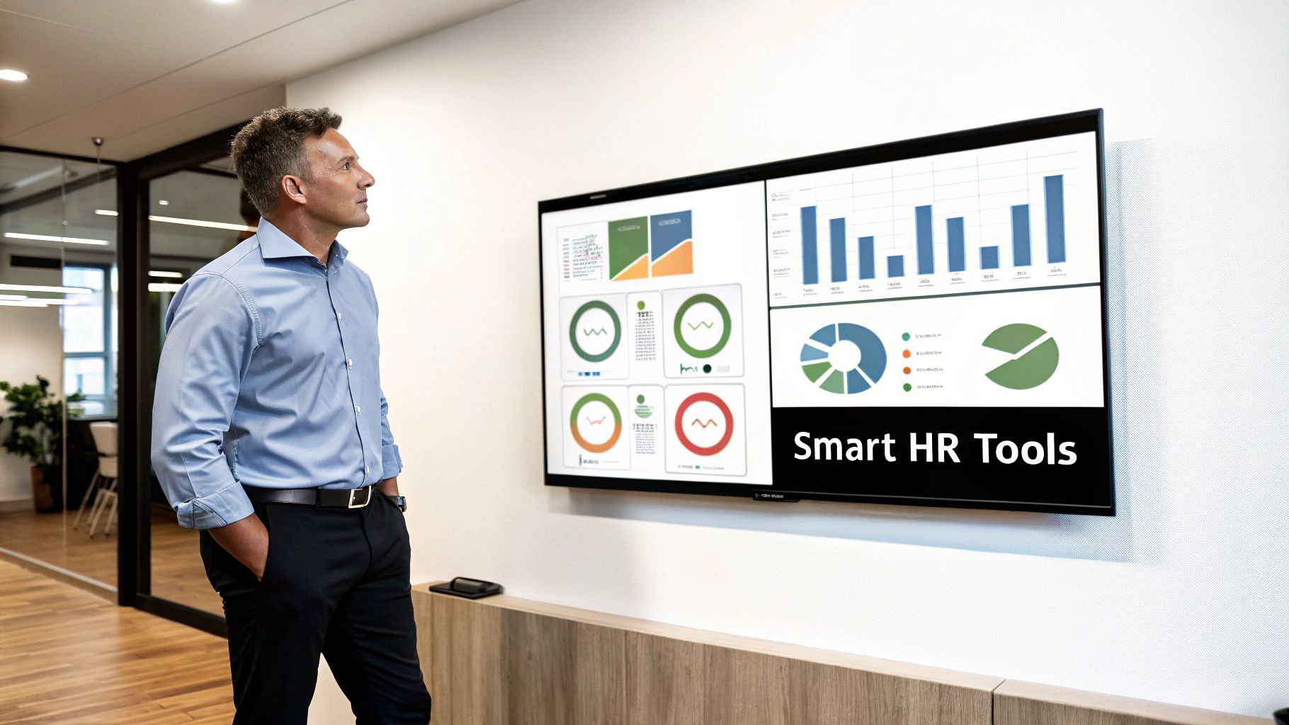 A manager and an employee reviewing performance on a tablet, showcasing modern employee management software features.