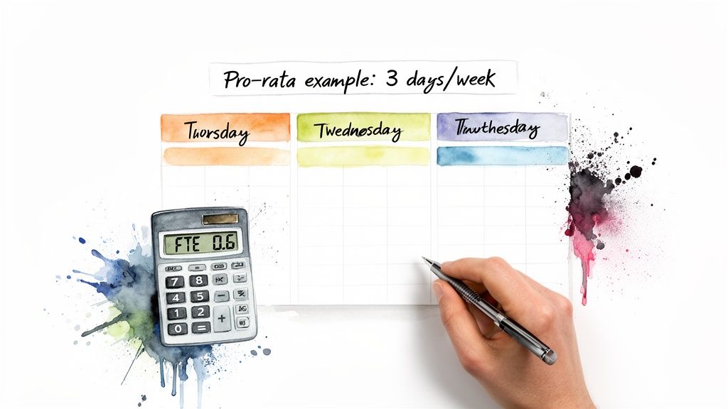 A watercolor illustration showing a calculator with "FTE 0.6" and a calendar for a "3 days/week pro-rata example."