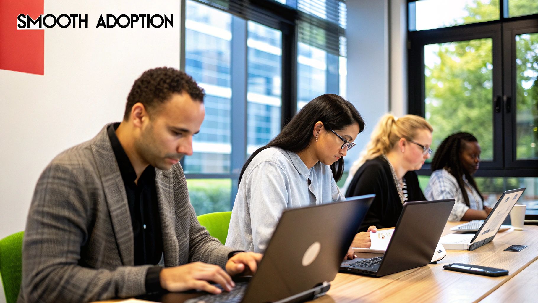 Two people collaborating on a laptop, symbolising the process of turning sceptics into power users of a self-service employee portal.