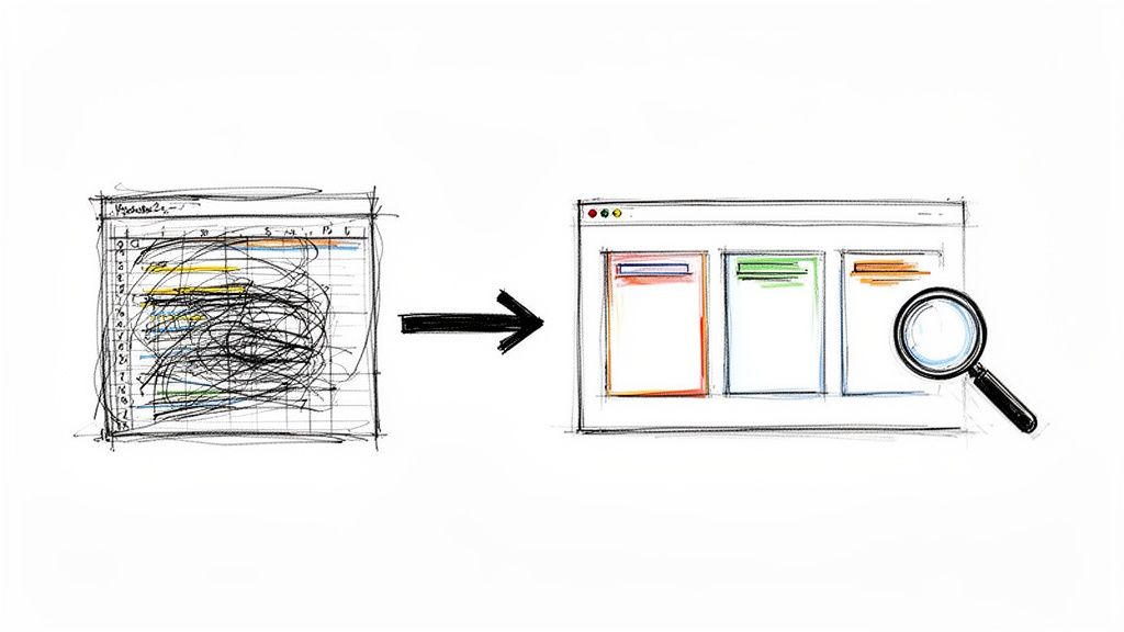 A visual showing transformation from a messy, scribbled spreadsheet to an organized digital interface with a magnifying glass.