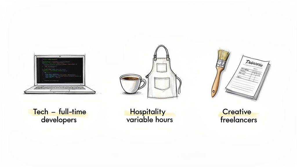 Illustrations of a laptop for tech, coffee and apron for hospitality, and paintbrush with invoice for creative jobs.