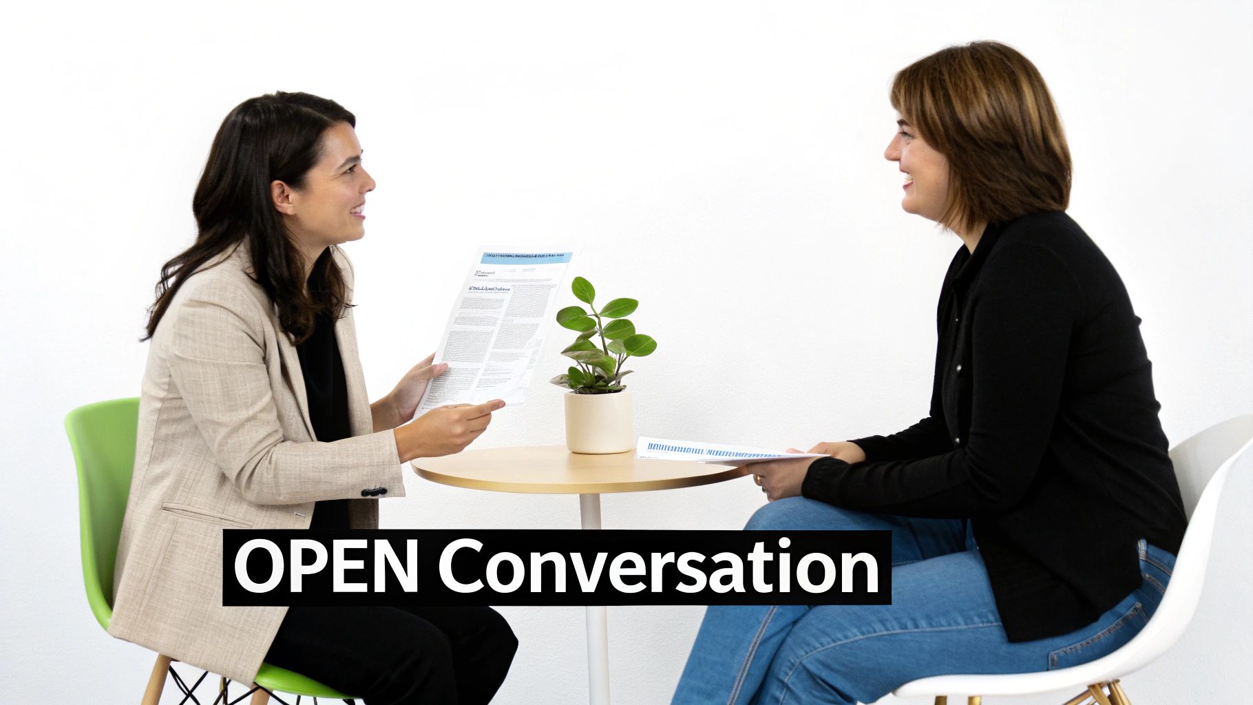 Two smiling women sit at a table with papers and a plant, engaged in an open conversation.