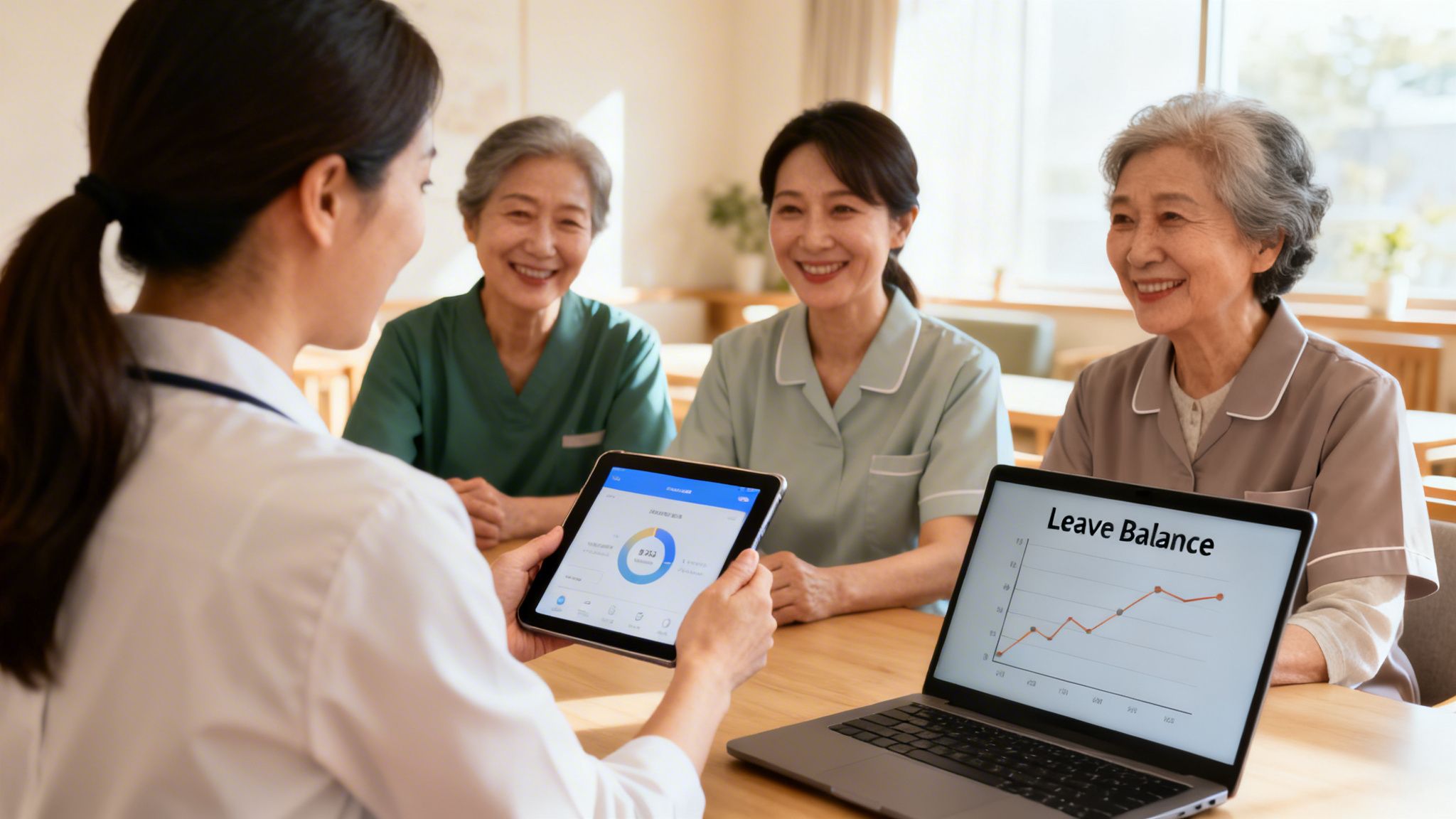 A caregiver presents leave balance data on screens to three smiling elderly women in a care facility.