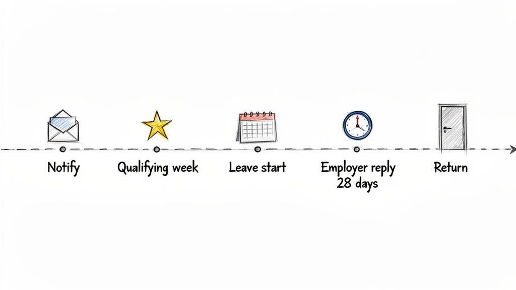 A timeline graphic showing key stages of maternity leave: notify, qualifying, leave start, employer reply, and return.