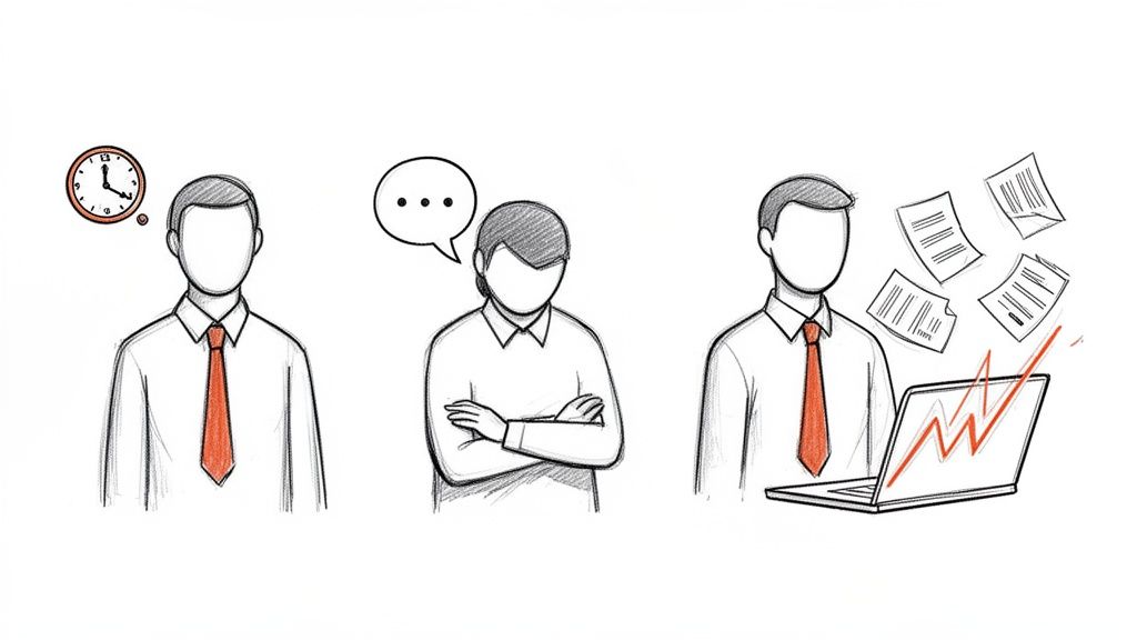 Three stylized figures depict concepts of time management, communication, and work productivity with a laptop and papers.