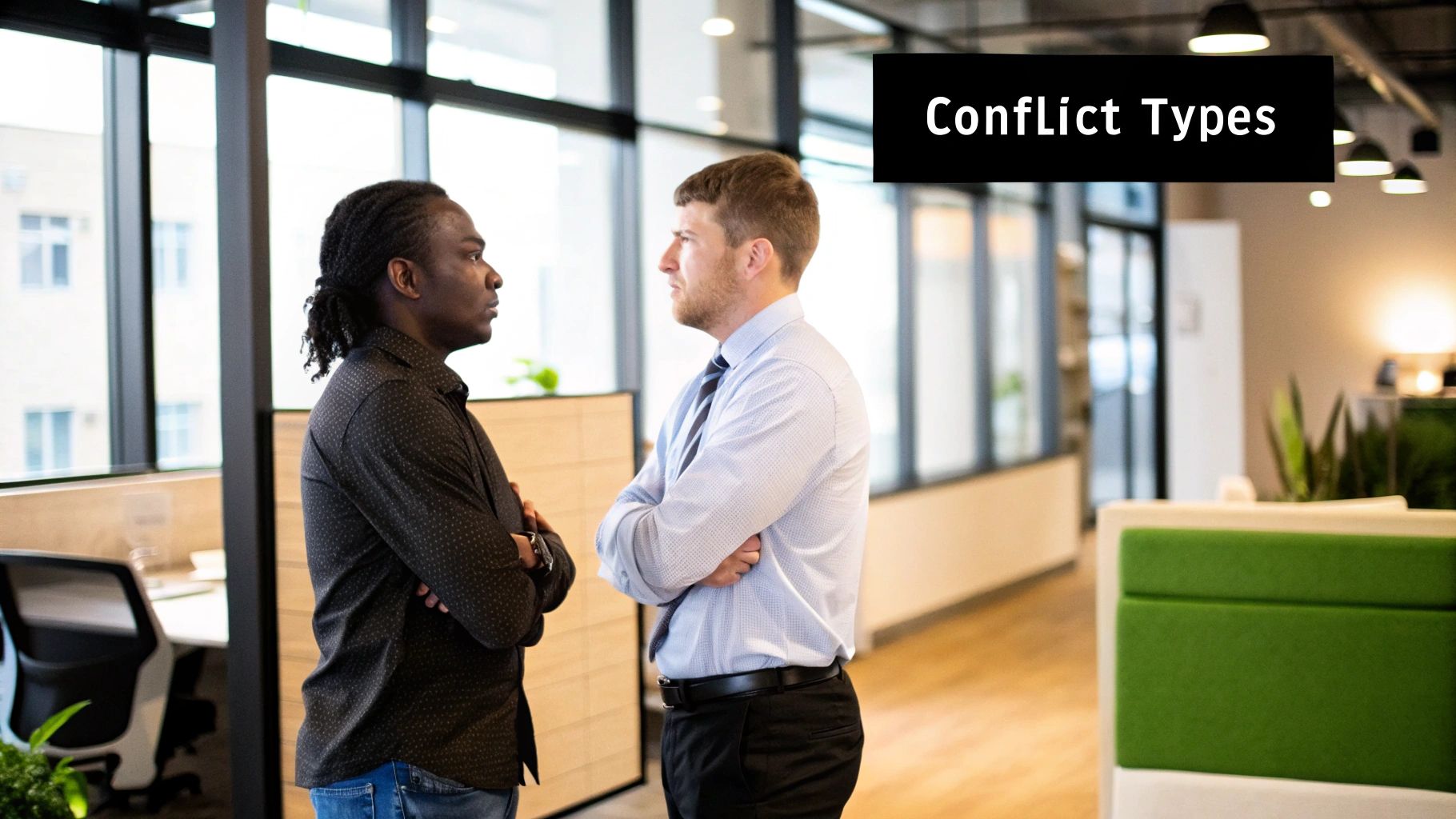 Two colleagues looking tense and avoiding eye contact in a modern office.