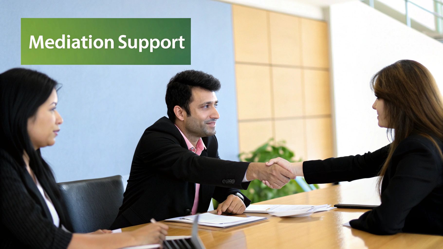 A diverse group of colleagues collaborating happily in a bright, modern office space.