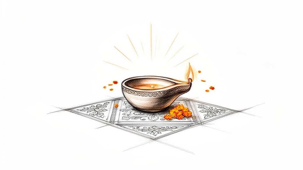 A beautifully sketched lit diya with marigold petals on a decorative base, radiating light, symbolizing celebration.