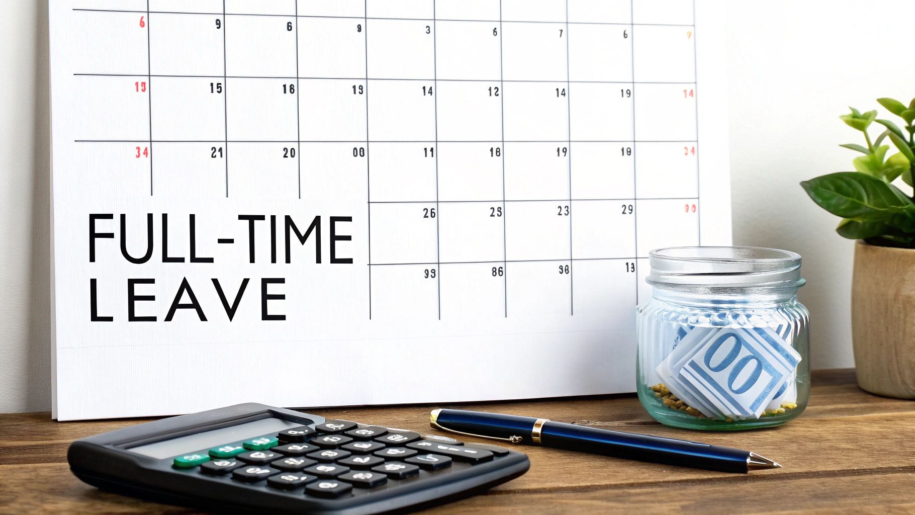 A calendar displaying 'FULL-TIME LEAVE' text, a calculator, pen, and a money jar with cash on a desk.