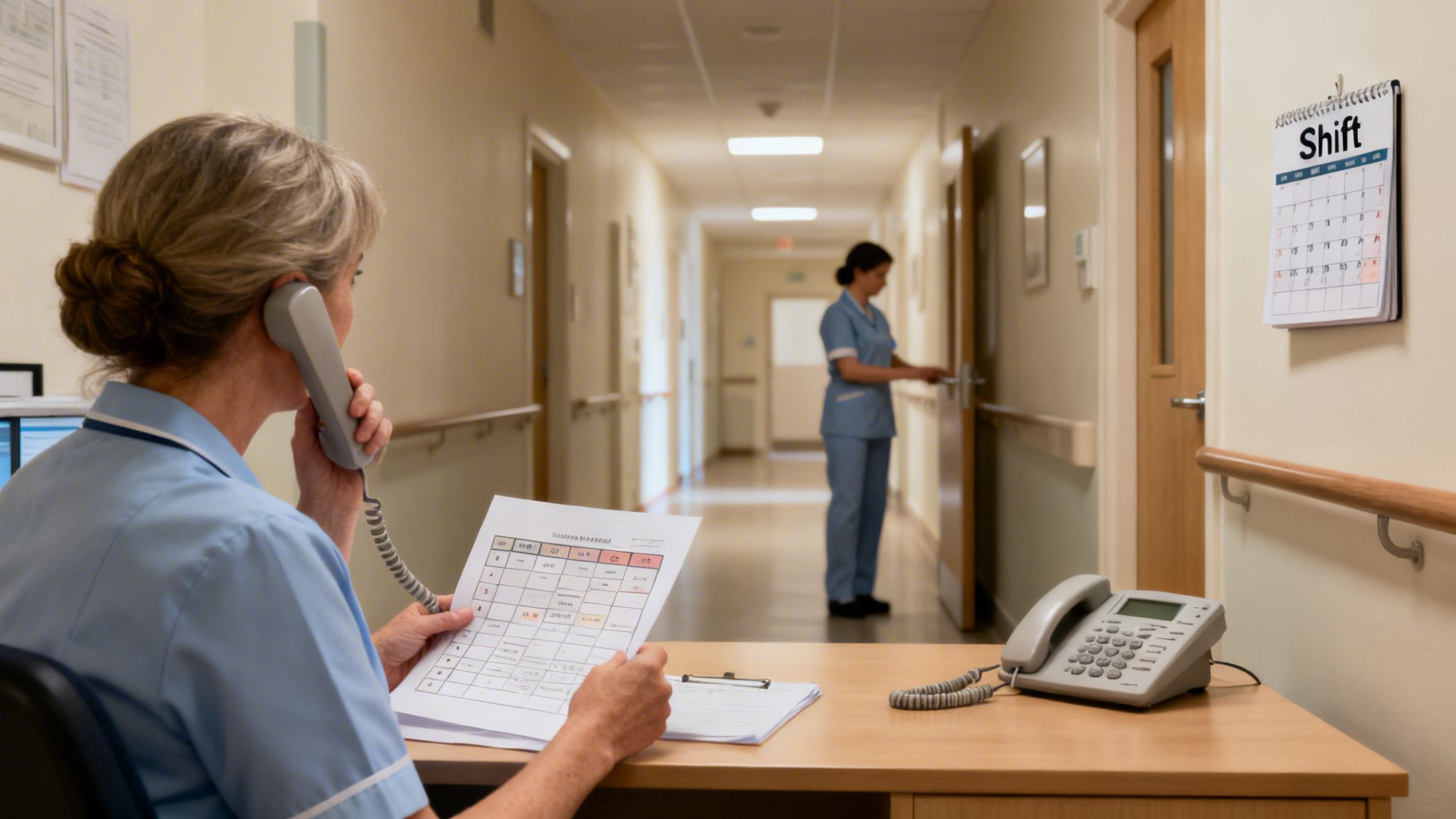 A nurse at a desk talks on the phone while reviewing documents, with another nurse in a hospital hallway.