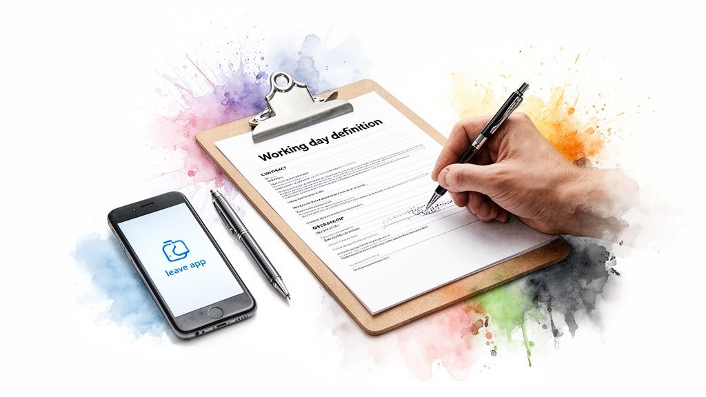 A hand signs a 'Working day definition' document on a clipboard, alongside a 'leave app' on a smartphone.