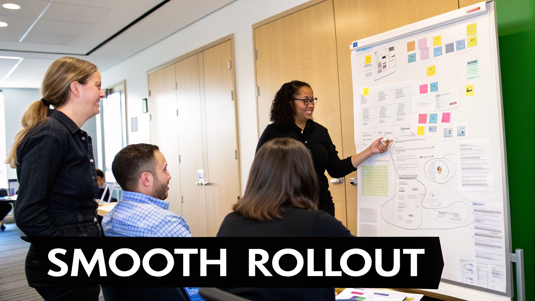 A team collaborating on a new software implementation plan