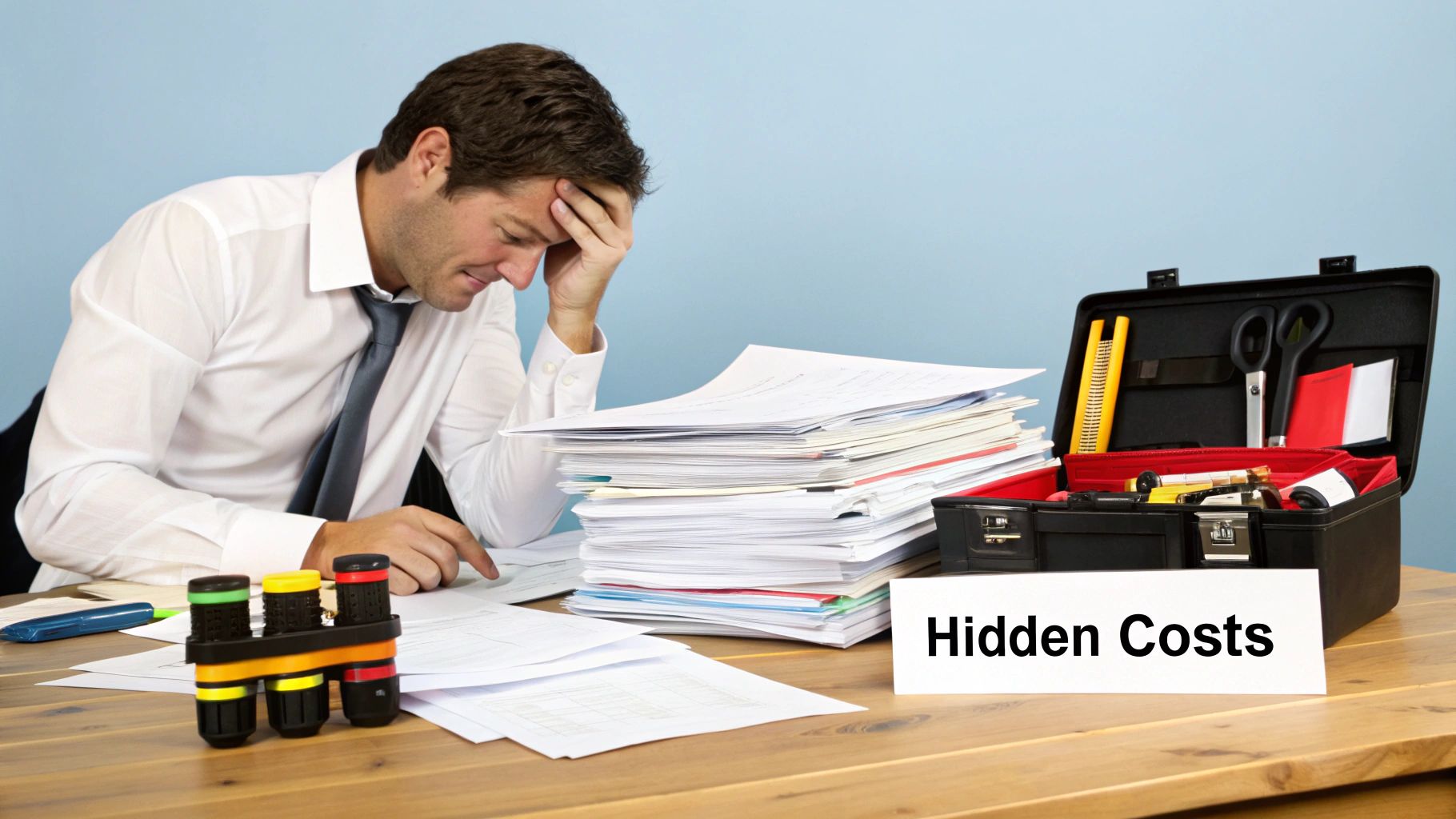 Stressed man at desk with pile of paperwork, an open briefcase, and a 'Hidden Costs' sign.