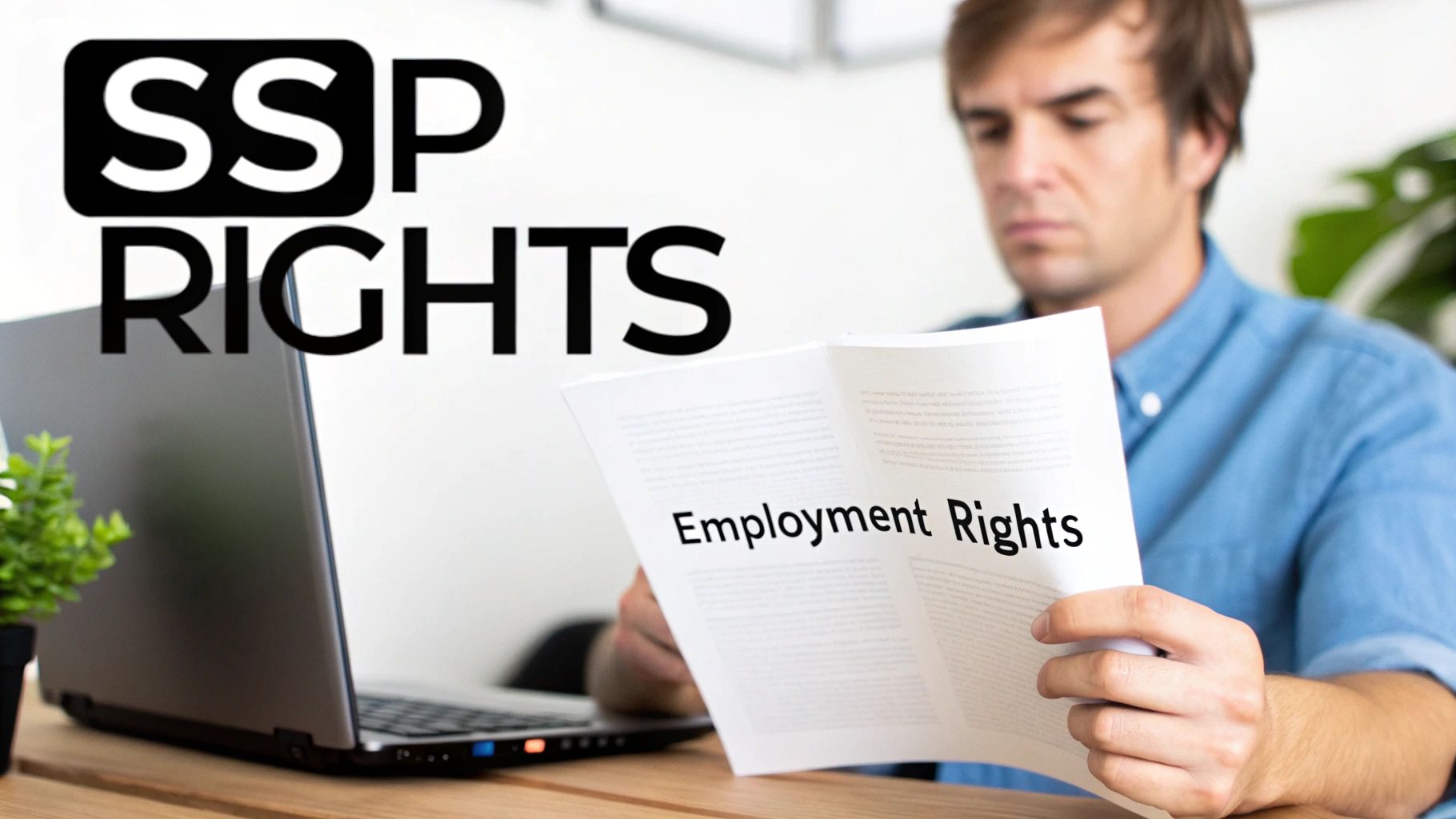 A man in a blue shirt reads a document about 'Employment Rights' with 'SSP RIGHTS' text on screen.