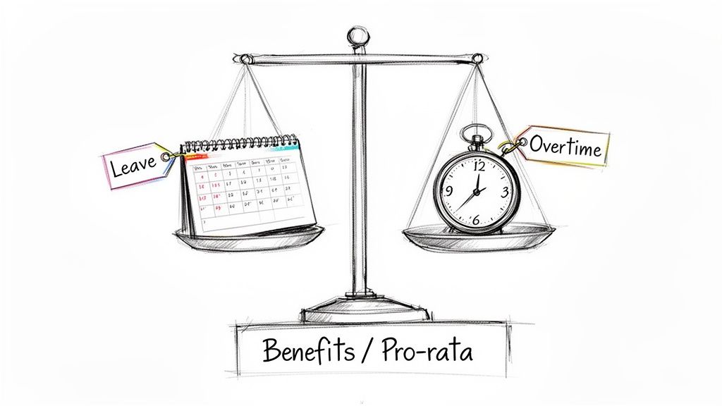 A sketch of a scale balancing a calendar labeled 'Leave' and a pocket watch labeled 'Overtime', with 'Benefits / Pro-rata' written below.