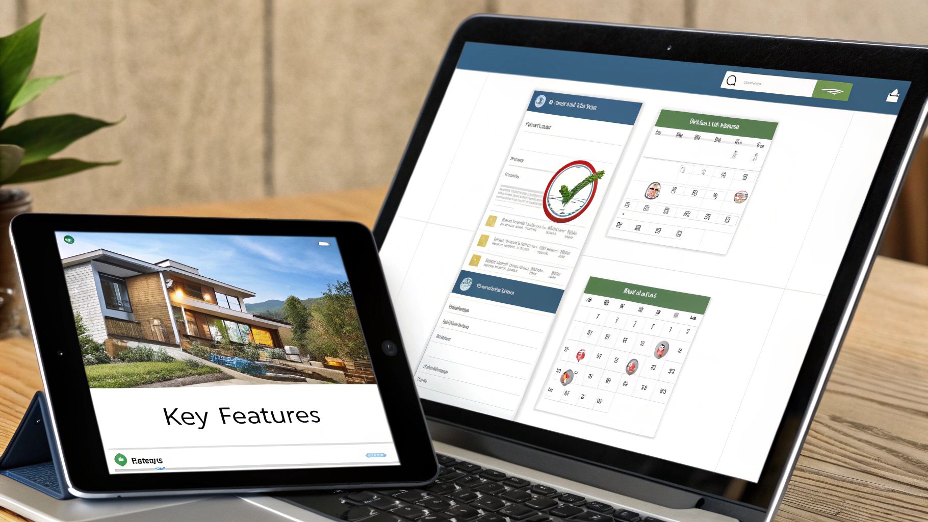 A laptop and tablet showcase digital planning applications, including calendars and property features.