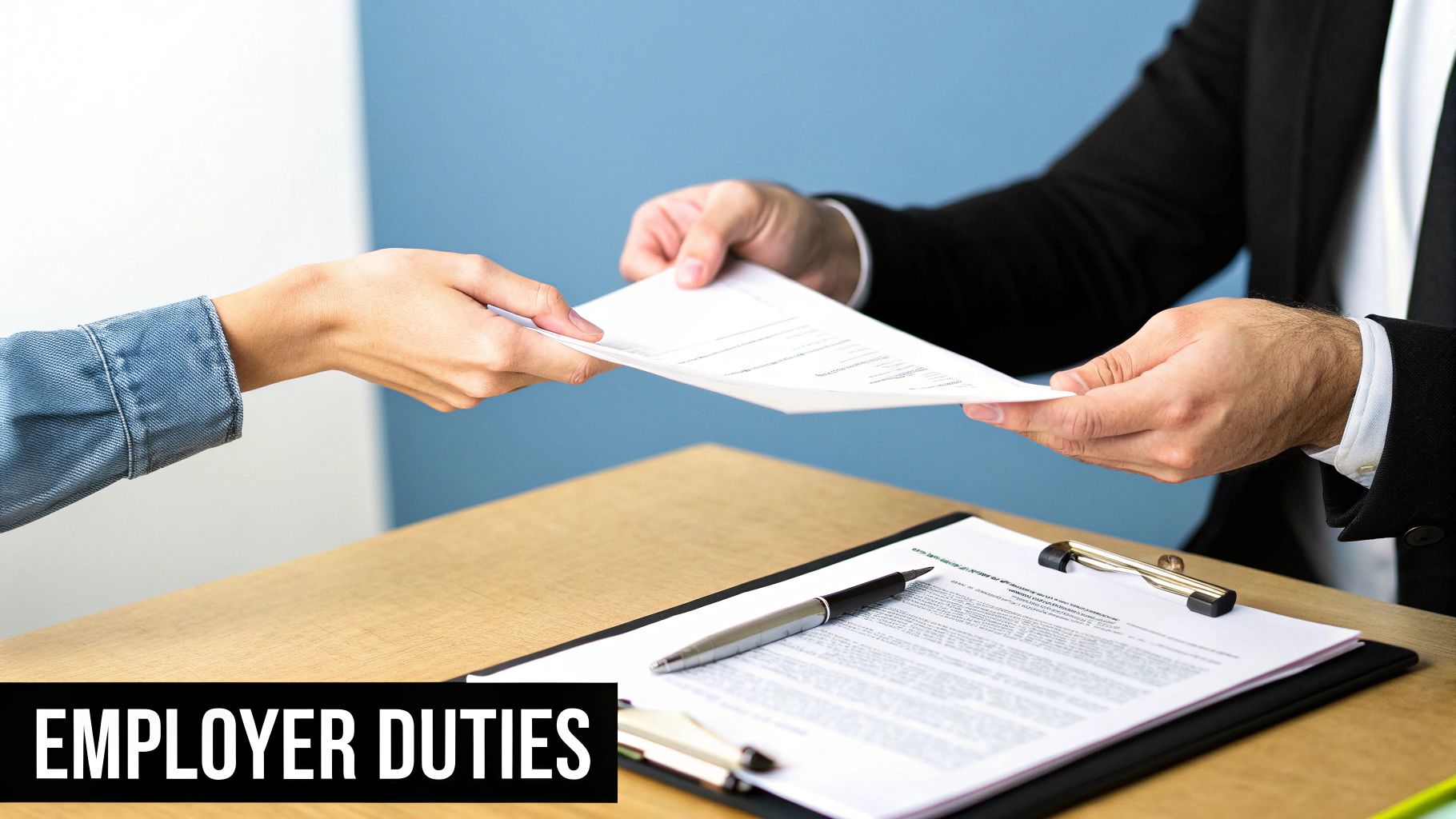 Two people exchange important documents across a desk, highlighting employer duties and paperwork.