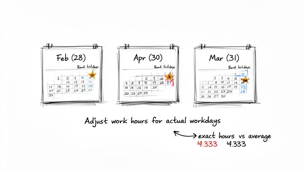 Three calendar pages for February, April, and March highlight bank holidays and work hour adjustments.