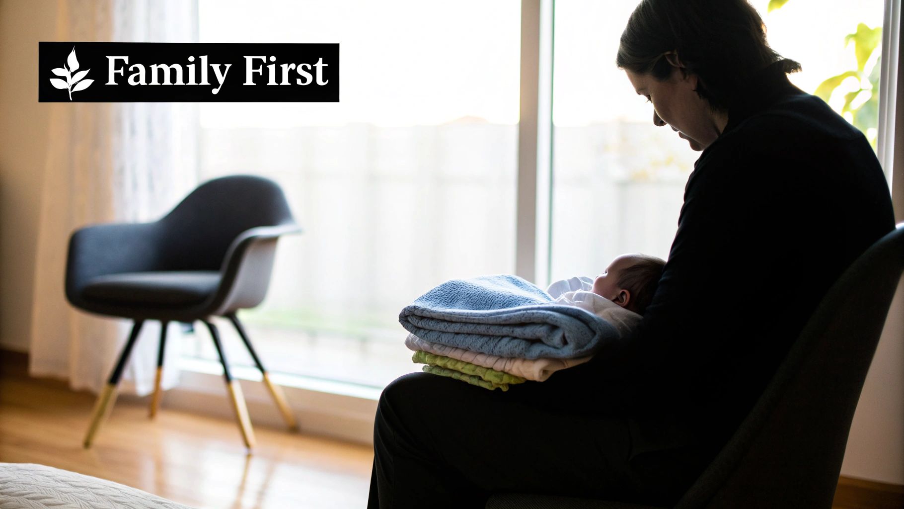 A mother holding her newborn baby wrapped in blankets by a bright window, with a 'Family First' logo.