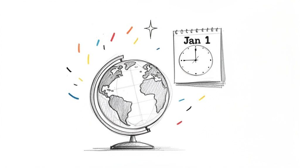 A hand-drawn sketch of a globe next to a calendar displaying Jan 1 and a clock, with colorful accents.