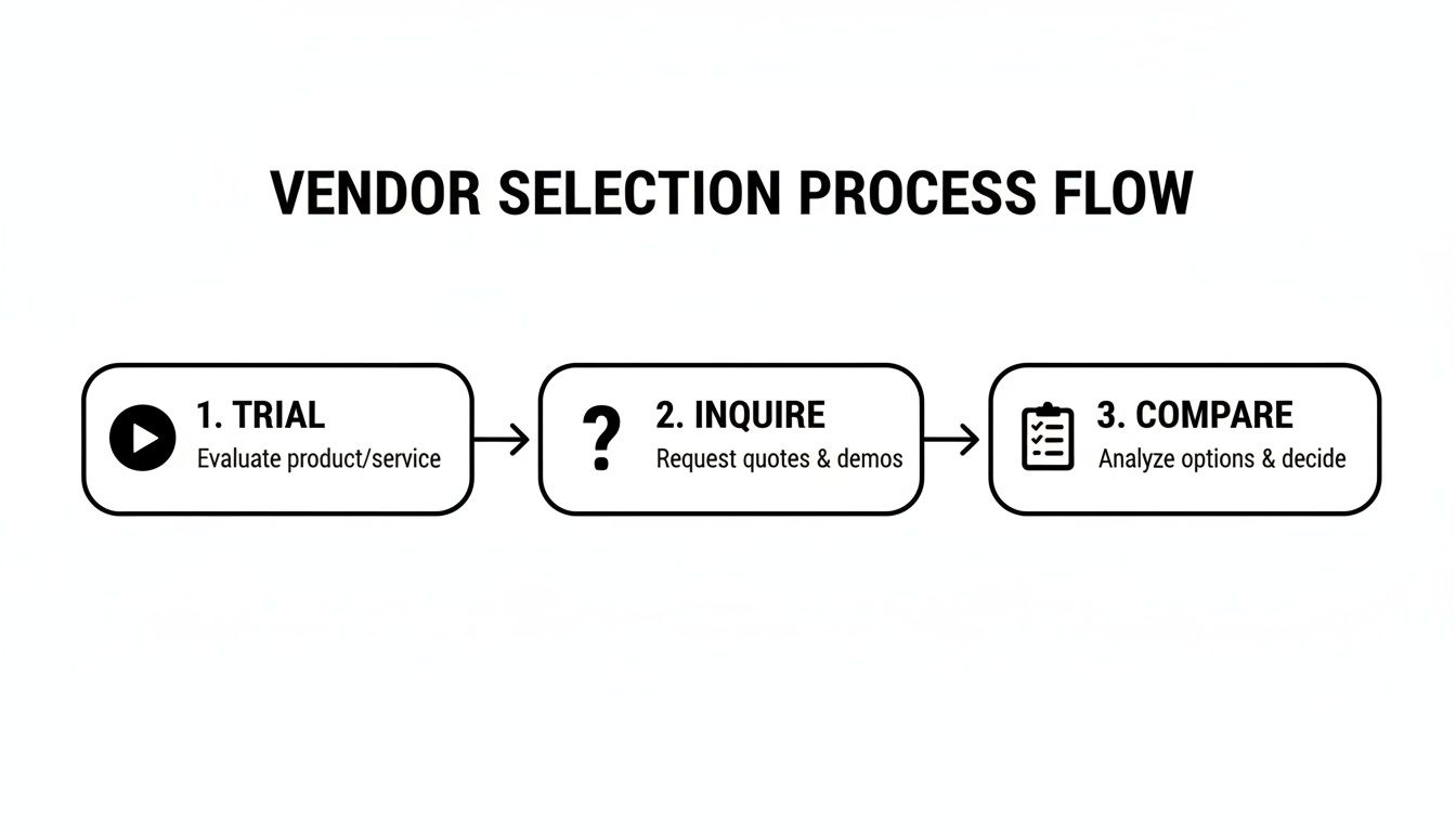 Flowchart illustrating a three-step vendor selection process: trial, inquire, and compare.