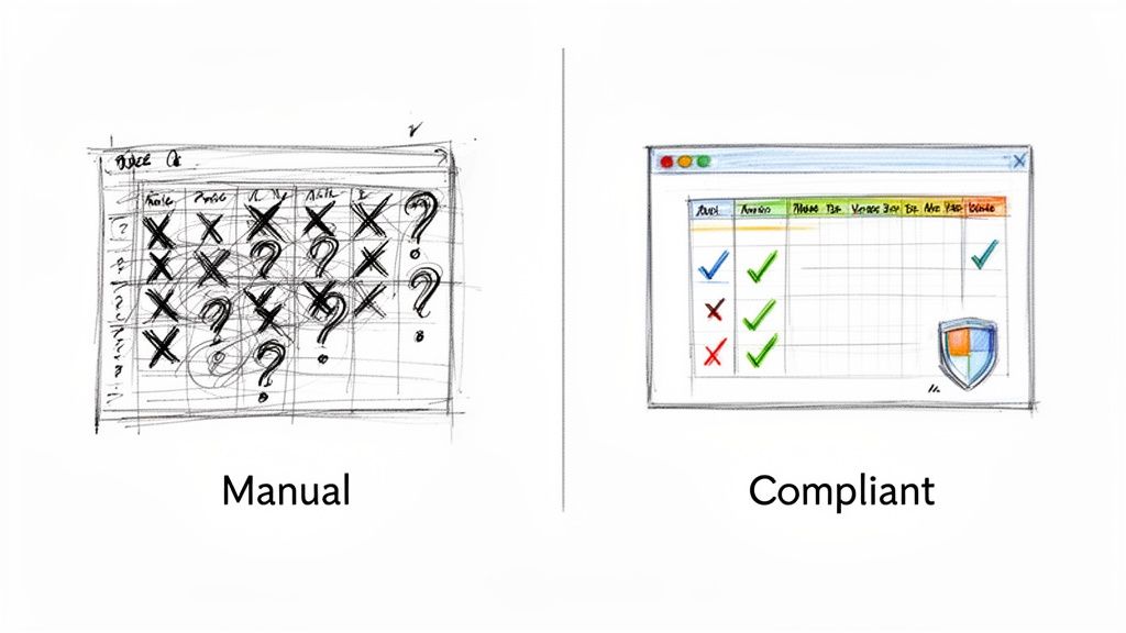 Comparison of manual, error-prone compliance tracking versus a compliant, clear digital system with security.