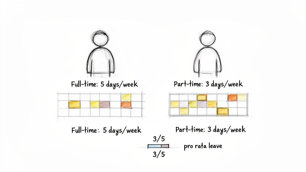 Visual comparison of full-time and part-time work schedules, highlighting pro rata leave entitlements.
