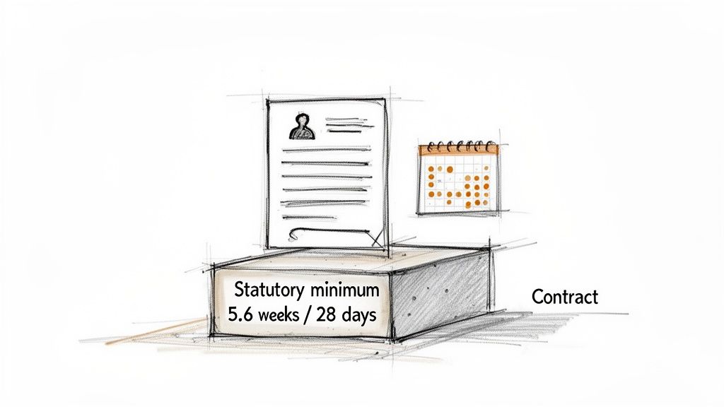 A sketch illustrating a contract, a calendar, and text about statutory minimum holiday entitlement of 5.6 weeks.