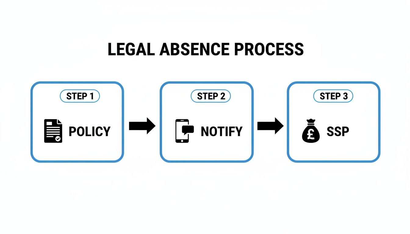 Flowchart outlining the legal absence process: Step 1 Policy, Step 2 Notify, Step 3 SSP.