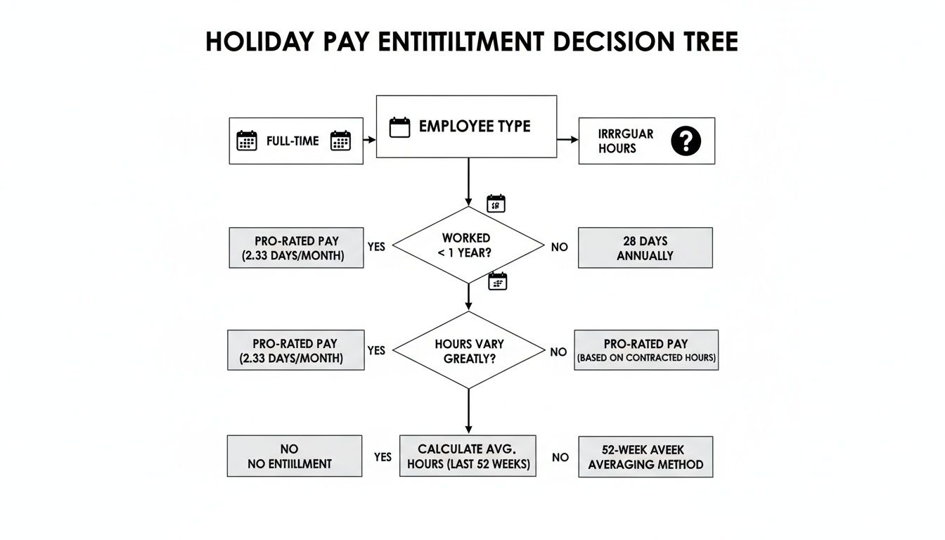 A decision tree flowchart outlining holiday pay entitlement for full-time, part-time, and irregular hours employees.