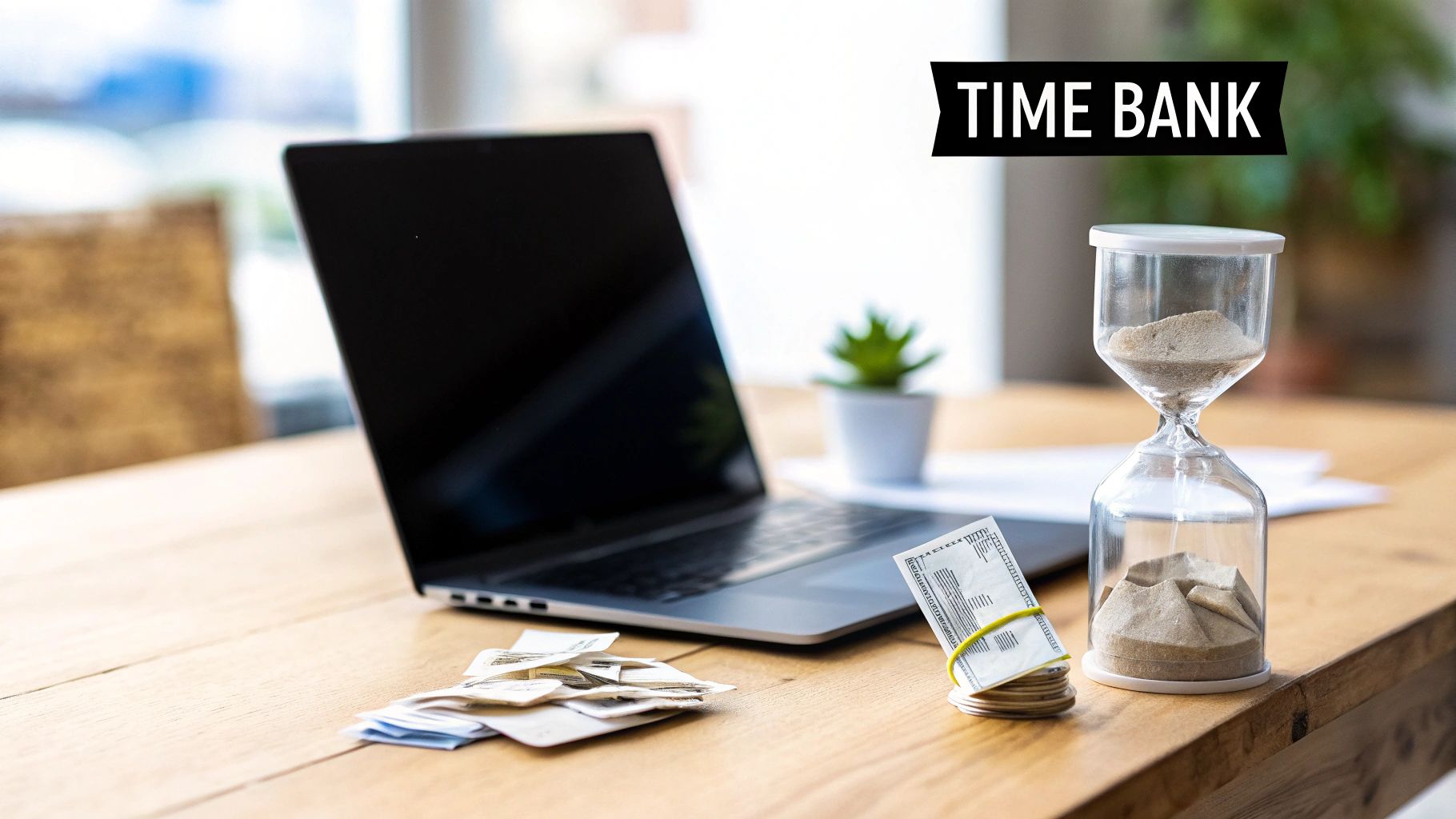 An hourglass, money, and a laptop on a desk, symbolizing time is money.