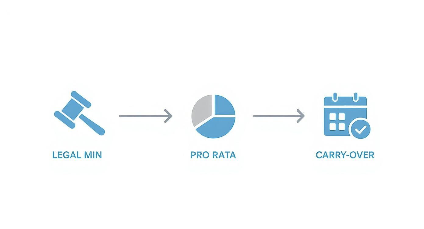 Process flowchart showing a gavel for Legal Minimum, a pie chart for Pro Rata, and a calendar for Carry-over.