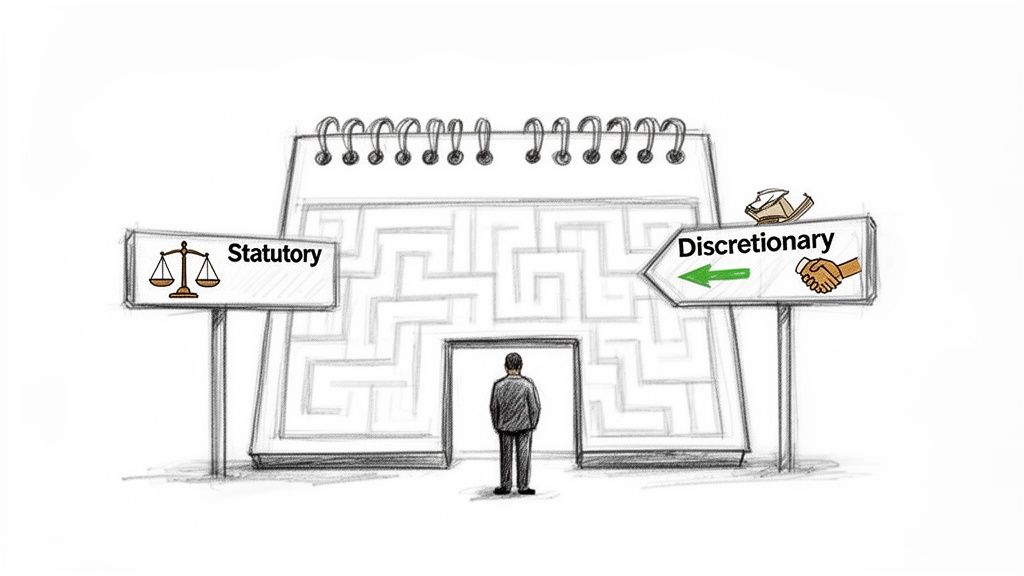 A person stands at the entrance of a maze, choosing between 'Statutory' and 'Discretionary' paths.