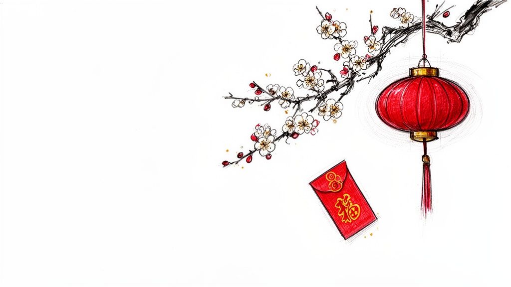 A vibrant illustration featuring a red Chinese lantern, plum blossoms, and a red envelope on a white background.