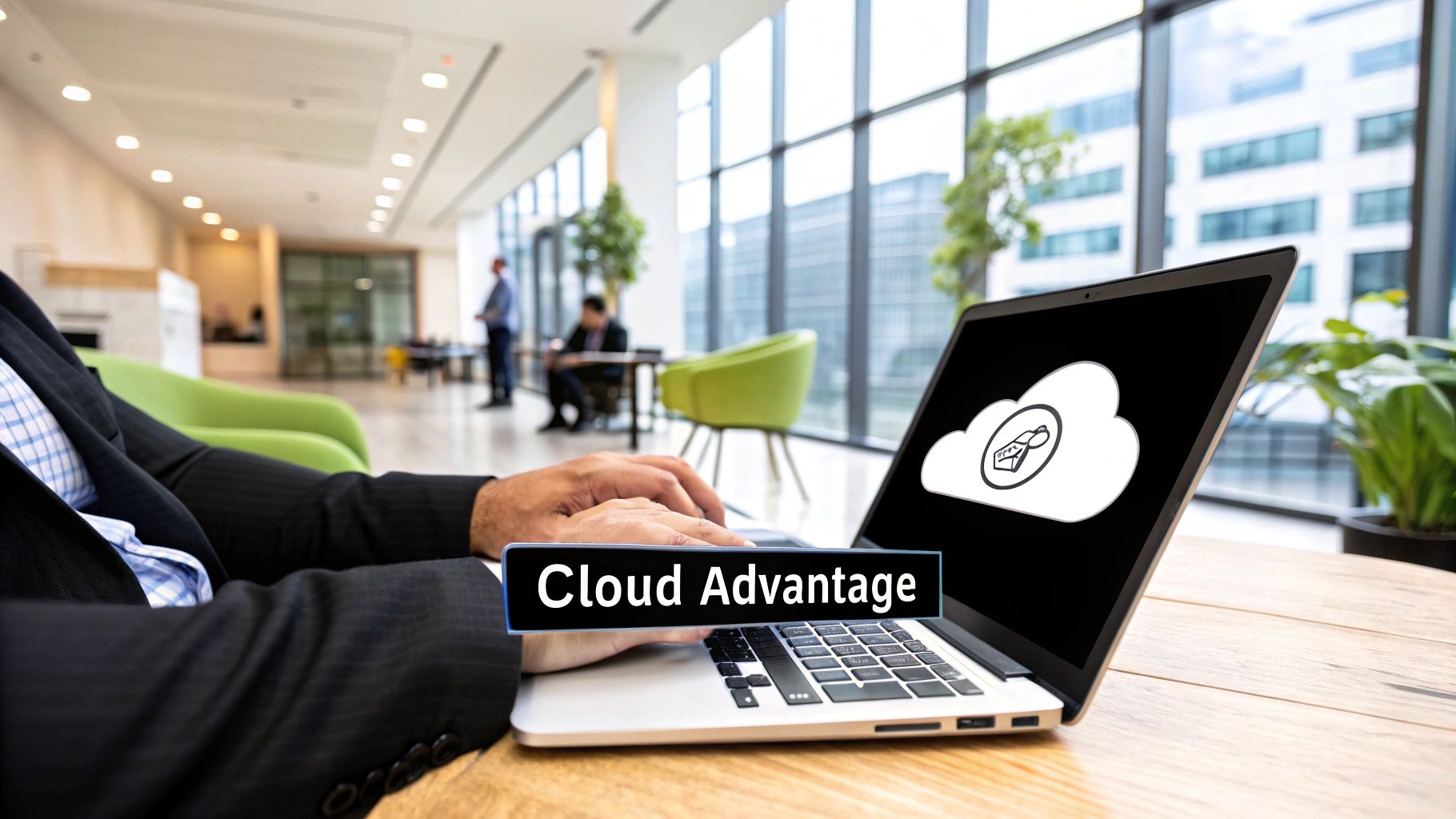 A person working on a laptop in a modern, bright office, representing the flexibility of cloud-based software.