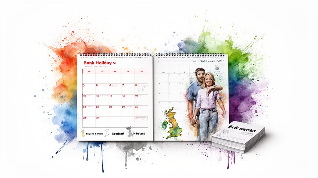 Open calendar on a colorful watercolor background, showing bank holidays and a couple.