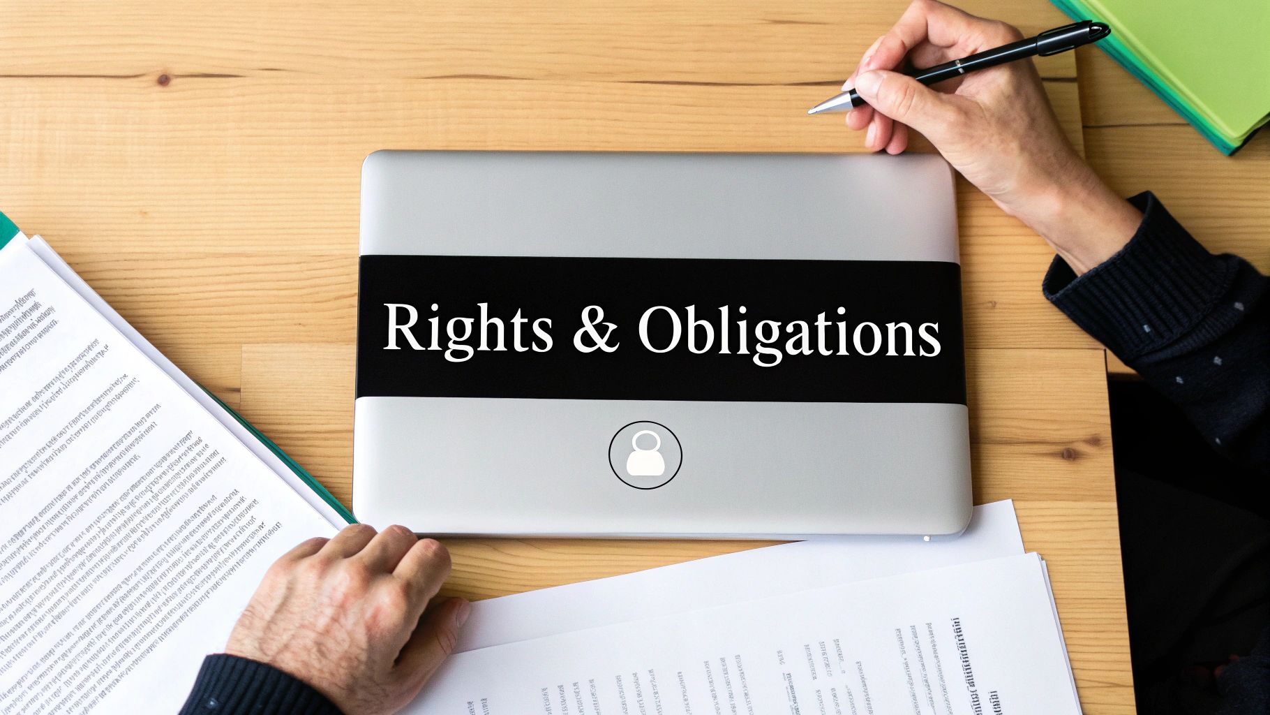 A person's hands on a wooden desk with a laptop displaying "Rights & Obligations" and documents.
