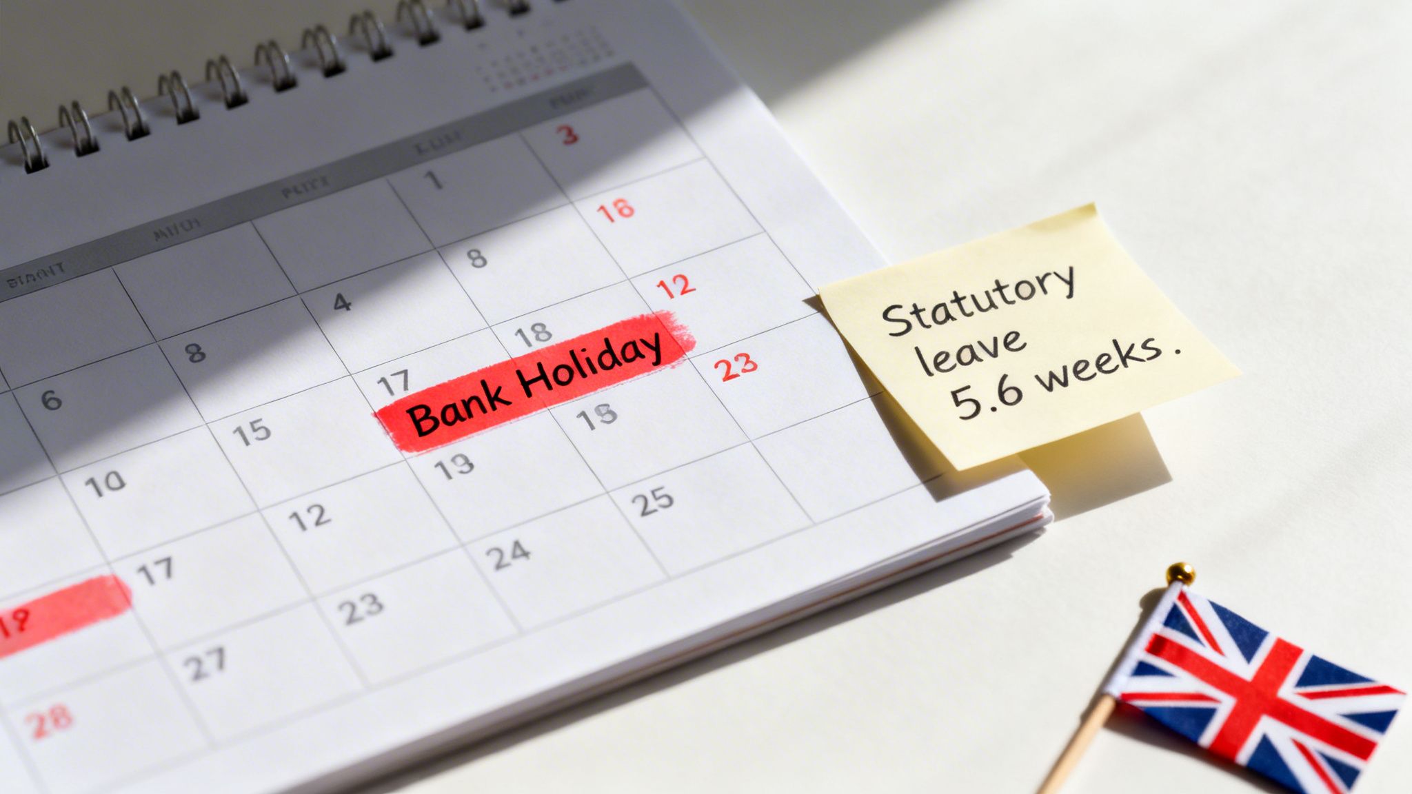 A calendar highlights a 'Bank Holiday' with a sticky note about 'Statutory leave 5.6 weeks' and a UK flag.