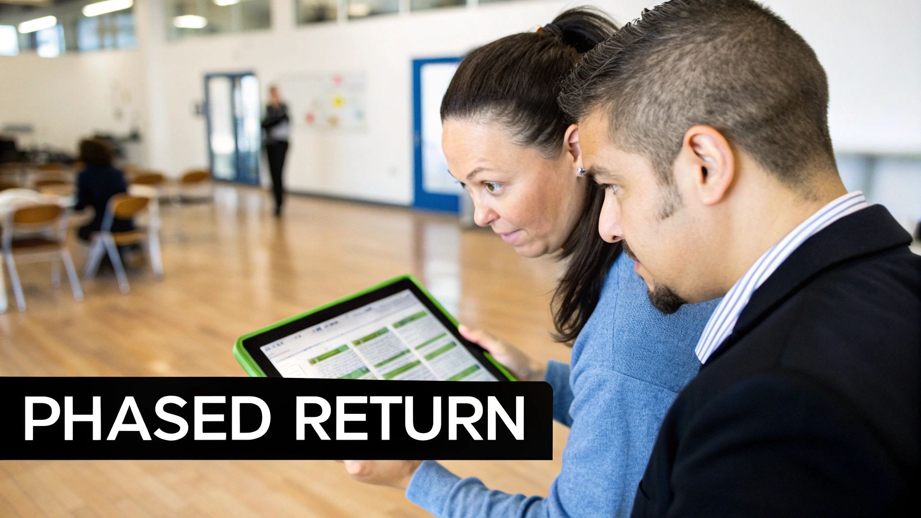 A manager and an employee collaboratively planning a phased return on a whiteboard.