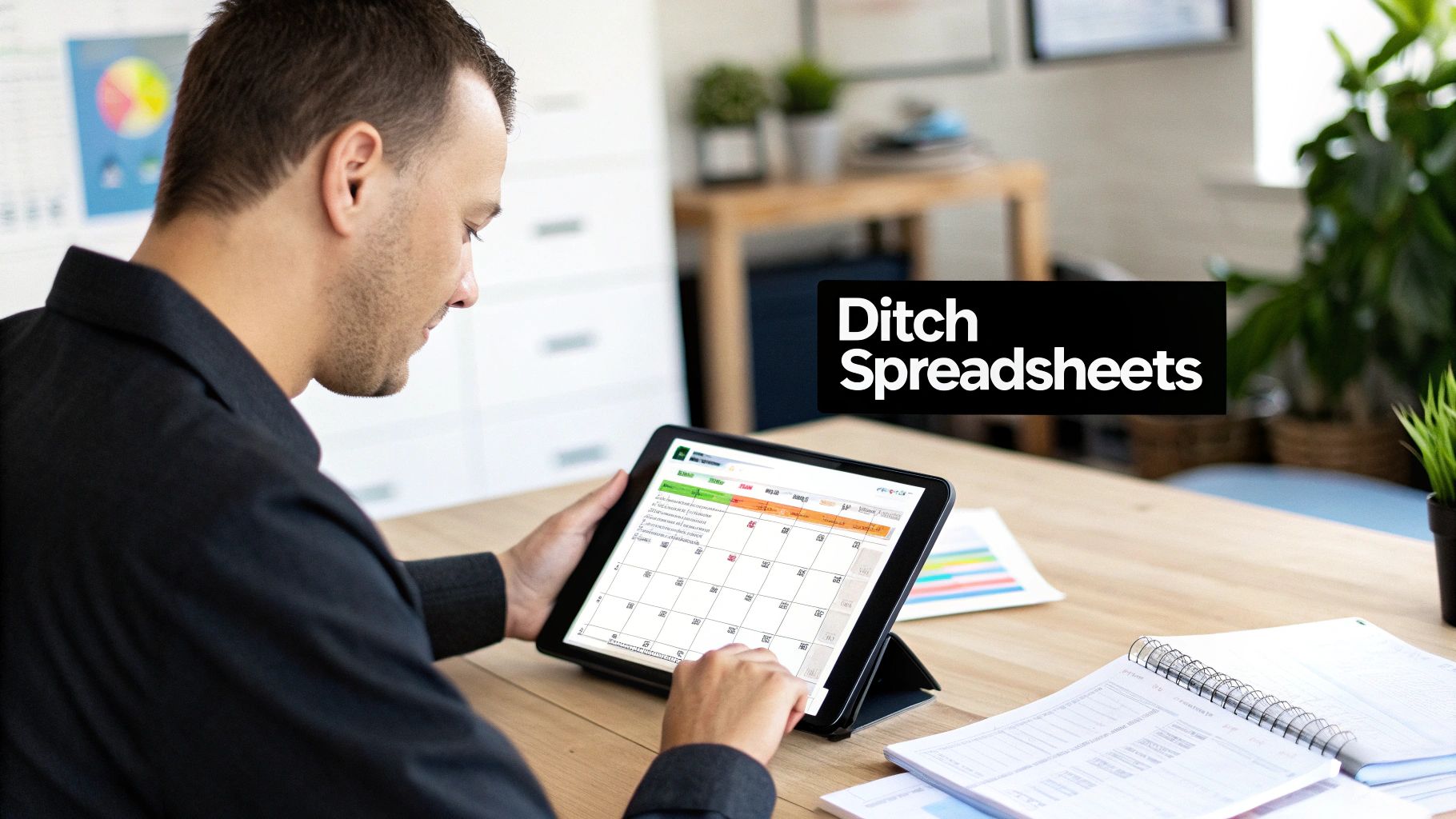 A man uses a tablet displaying a calendar app, suggesting digital planning as a spreadsheet alternative.