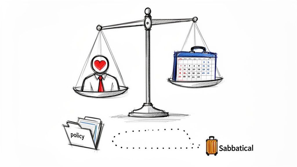 A scale balancing employee well-being (heart-headed person) against work schedule (calendar briefcase), with 'policy' and 'Sabbatical' options.