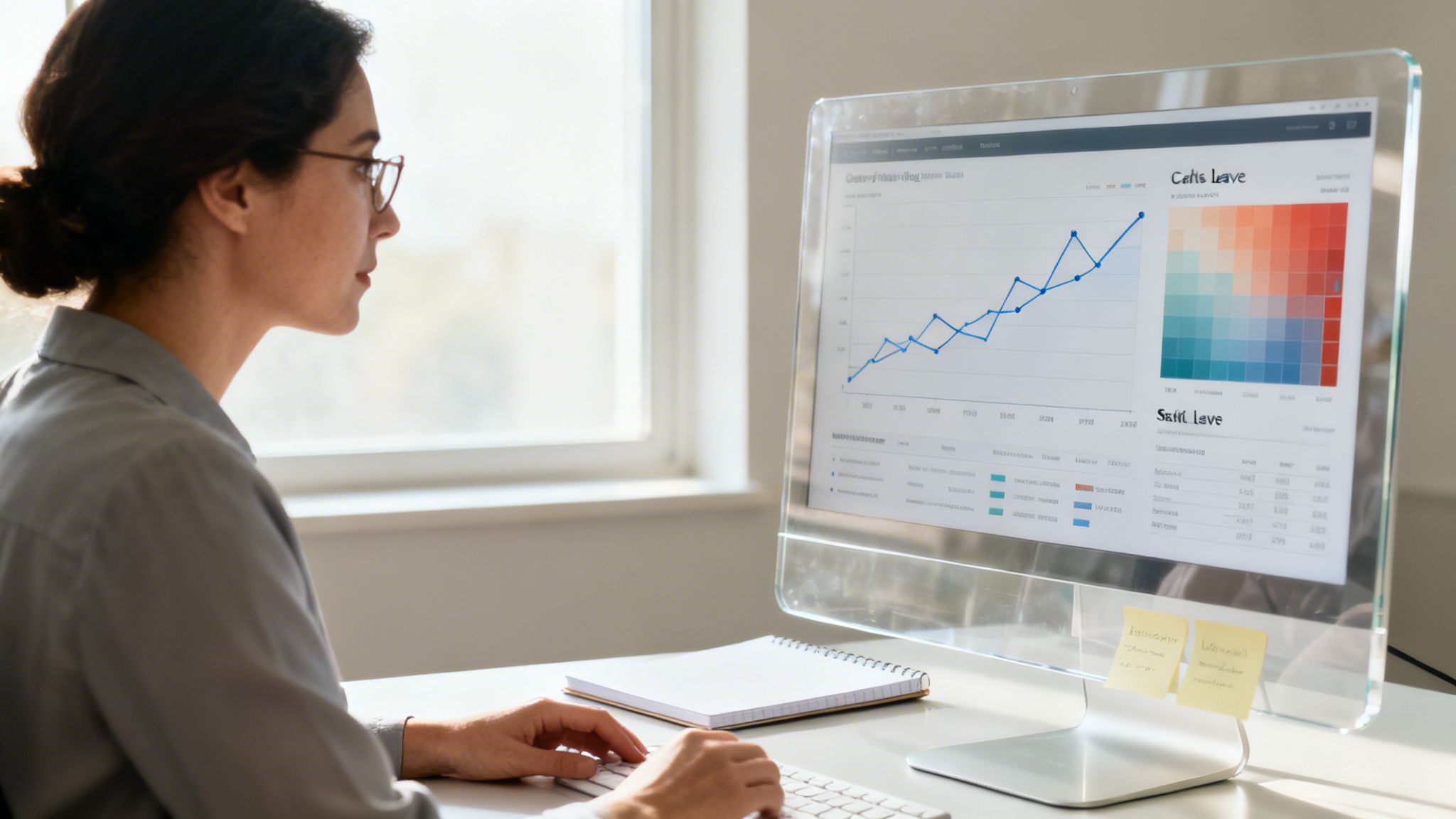 A woman works at a desk, typing while viewing a transparent monitor displaying data charts for leave tracking.